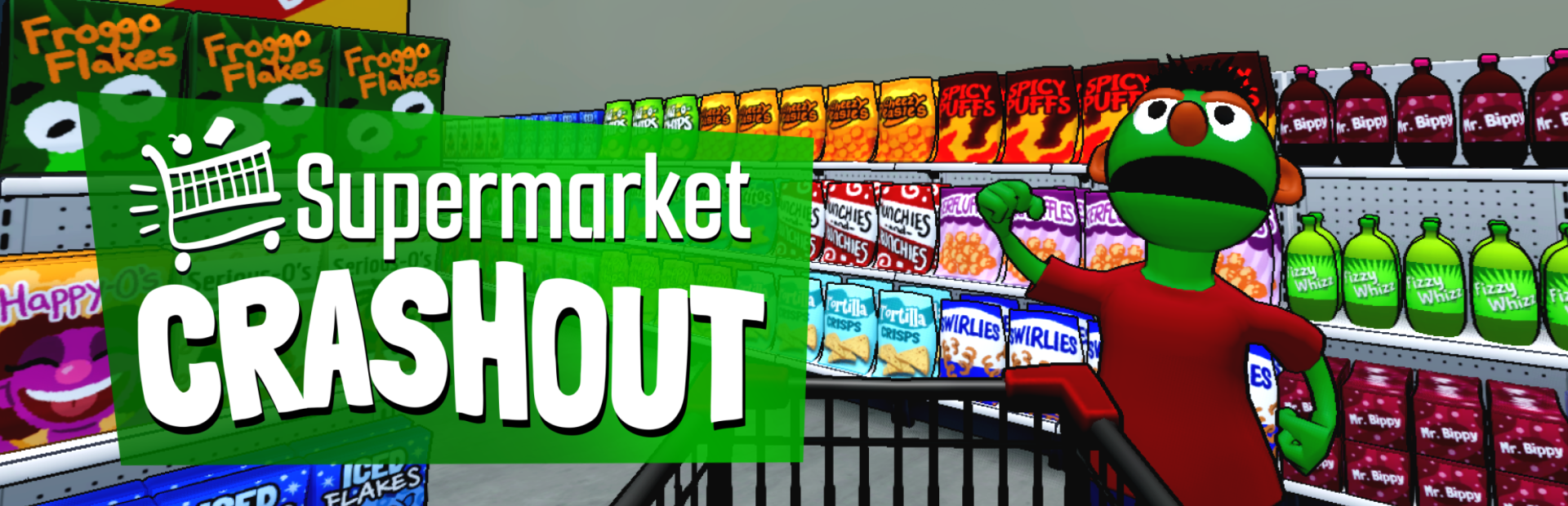 Screenshot of gameplay overlaid with the Supermarket Crashout logo